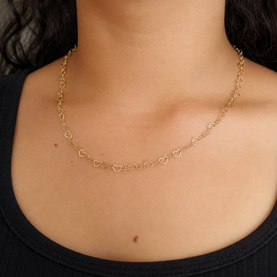 CORRENTE FEMININA MALHA DE CORAÇÃO 5MM 50CM