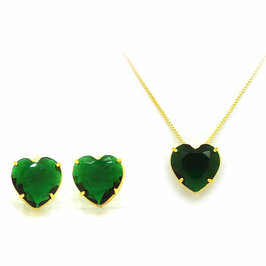 CONJUNTO CORAÇÃO DE PEDRA COLORIDA