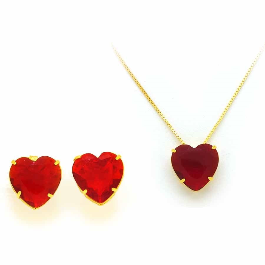 CONJUNTO CORAÇÃO DE PEDRA COLORIDA