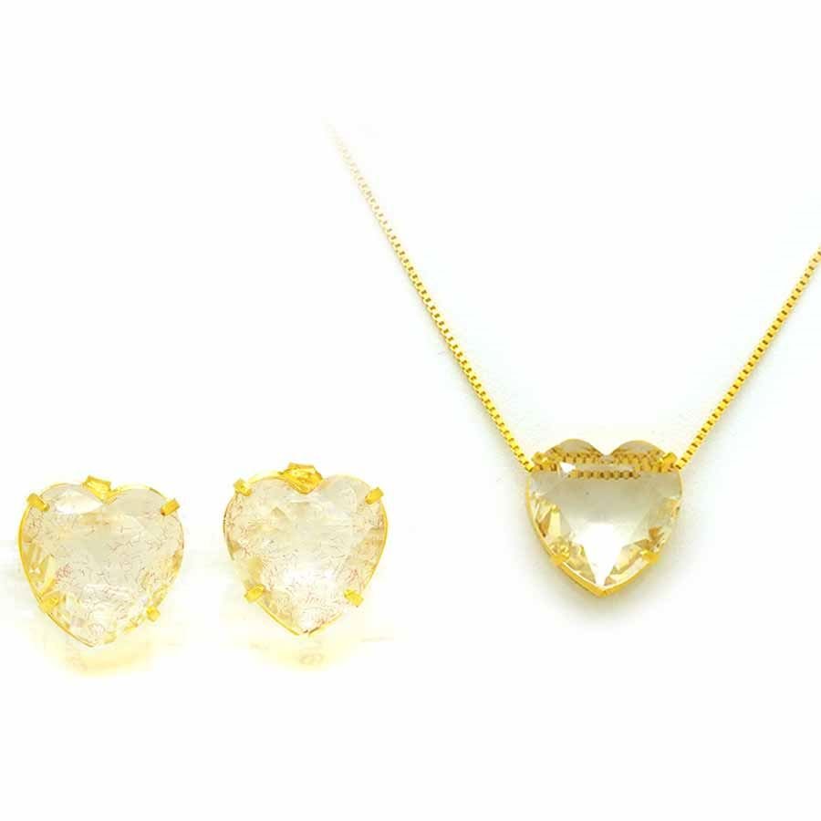 CONJUNTO CORAÇÃO DE PEDRA COLORIDA