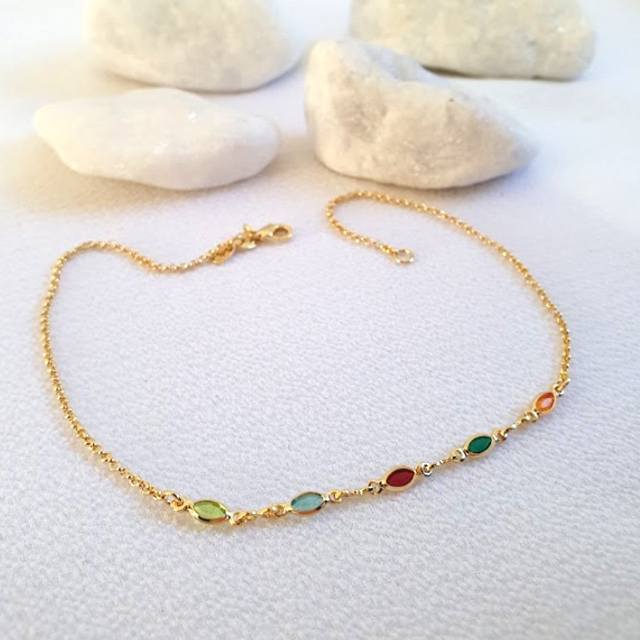 TORNOZELEIRA COM TRÊS PEDRAS COLORIDAS OVAIS 28CM