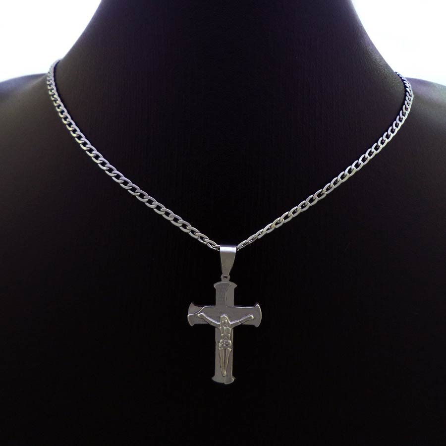 CORRENTE AÇO INOX MASCULINA ELOS IGUAIS CRUZ COM PAI NOSSO
