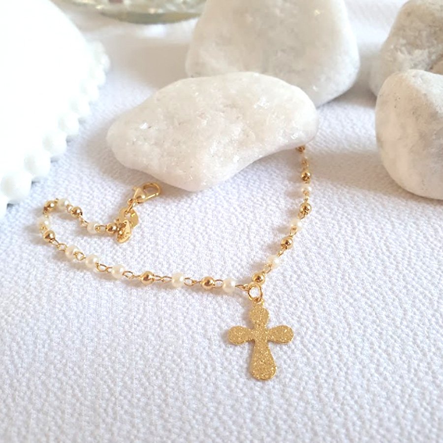 PULSEIRA TERÇO COM BOLINHAS, PÉROLAS E CRUZ FOSCA