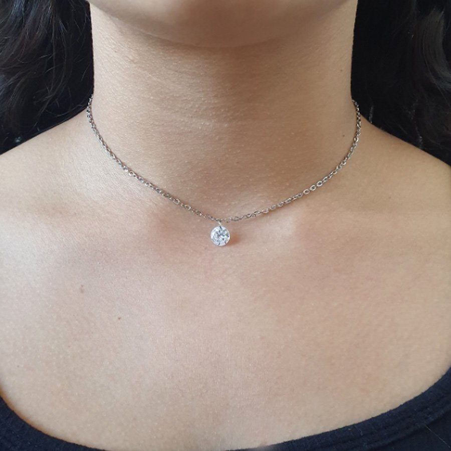 CORRENTE FEMININA AÇO INOX COM UMA ZIRCÔNIA