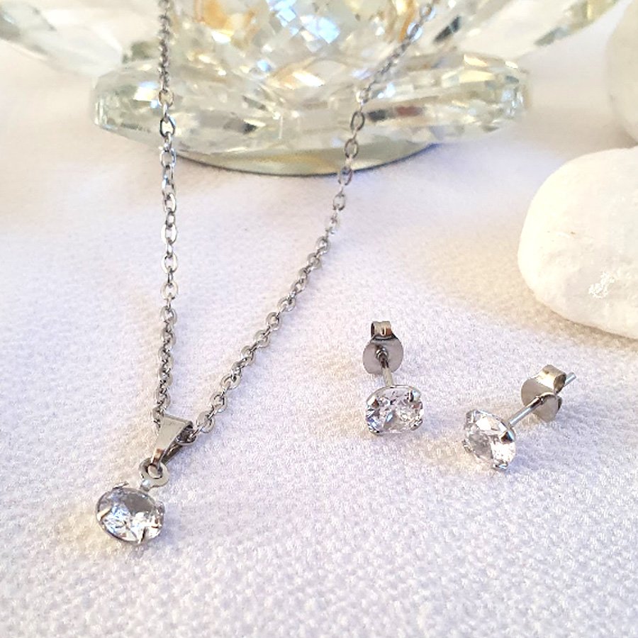 CONJUNTO AÇO INOX FEMININO DE PEDRAS REDONDAS