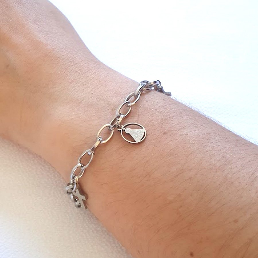 PULSEIRA AÇO INOX COM CRUZ E NOSSA SENHORA APARECIDA
