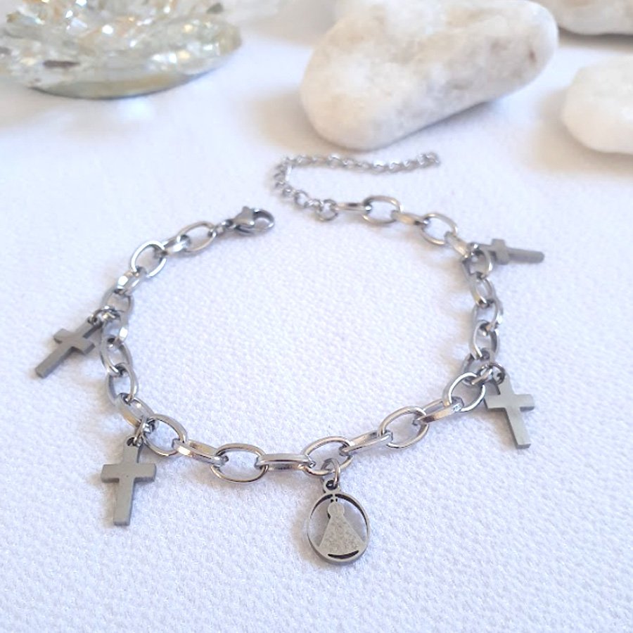 PULSEIRA AÇO INOX COM CRUZ E NOSSA SENHORA APARECIDA