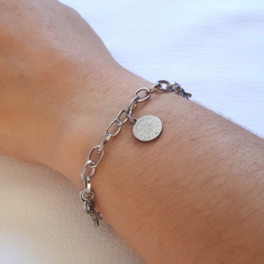 PULSEIRA AÇO INOX COM PAI NOSSO E QUATRO CRUZ VAZADAS