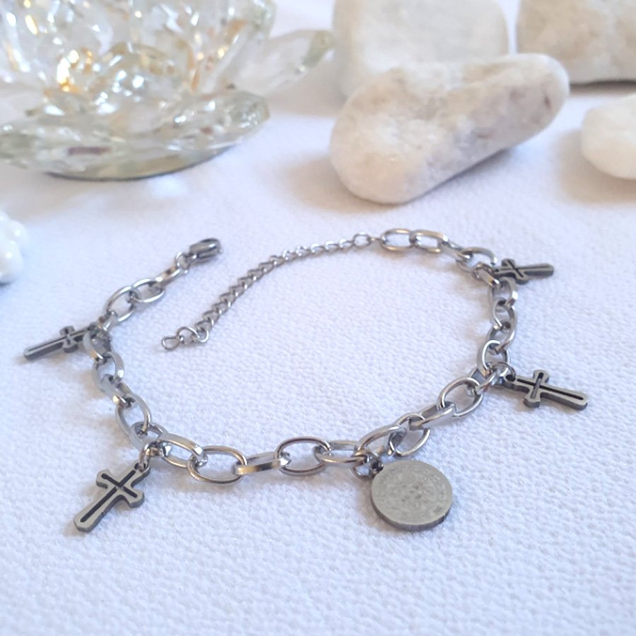 PULSEIRA AÇO INOX COM PAI NOSSO E QUATRO CRUZ VAZADAS
