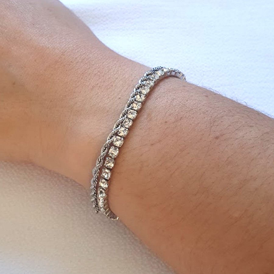 PULSEIRA AÇO INOX MALHA DUPLA COM STRASS