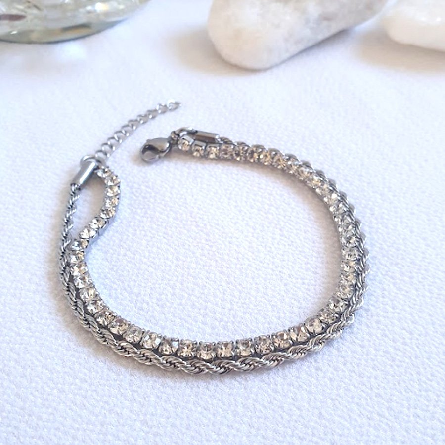 PULSEIRA AÇO INOX MALHA DUPLA COM STRASS