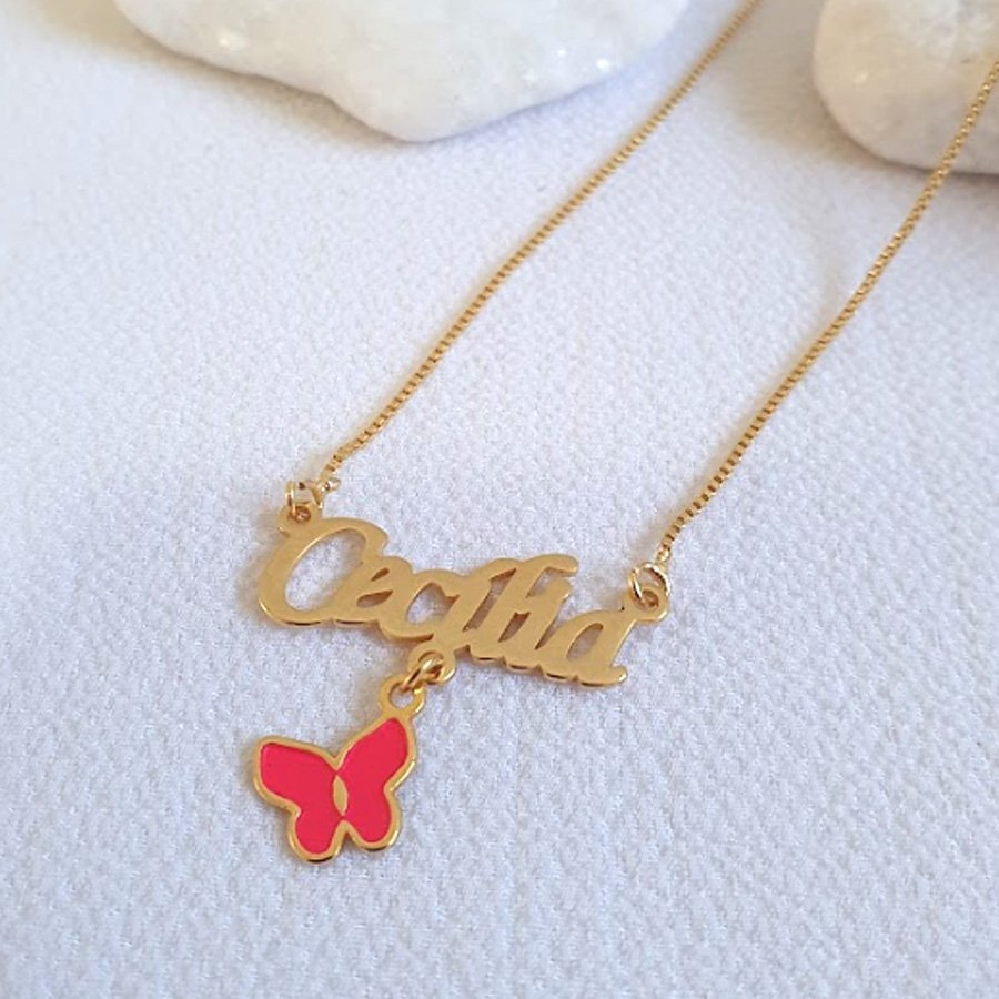 CORRENTE FEMININA PERSONALIZADA COM BORBOLETA DE RESINA