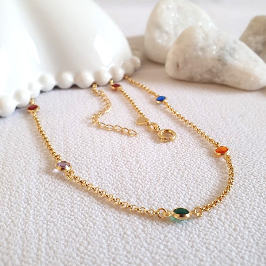 CORRENTE INFANTIL COM PEDRAS GRANDE COLORIDAS ELO PORTUGUÊS