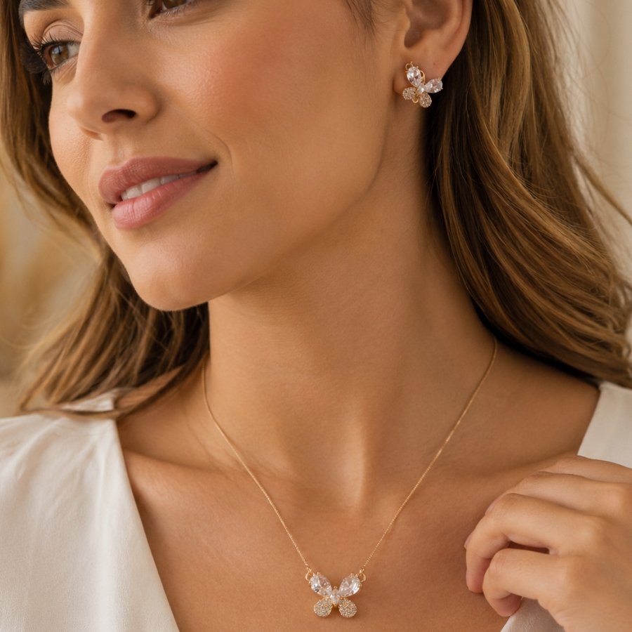 CONJUNTO FEMININO DE BORBOLETA COM PEDRAS DE ZIRCÔNIAS