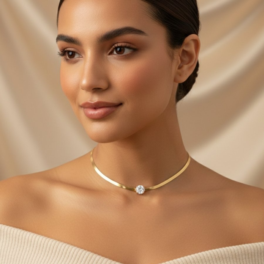 CORRENTE FEMININA FITA LISA COM PEDRA REDONDA