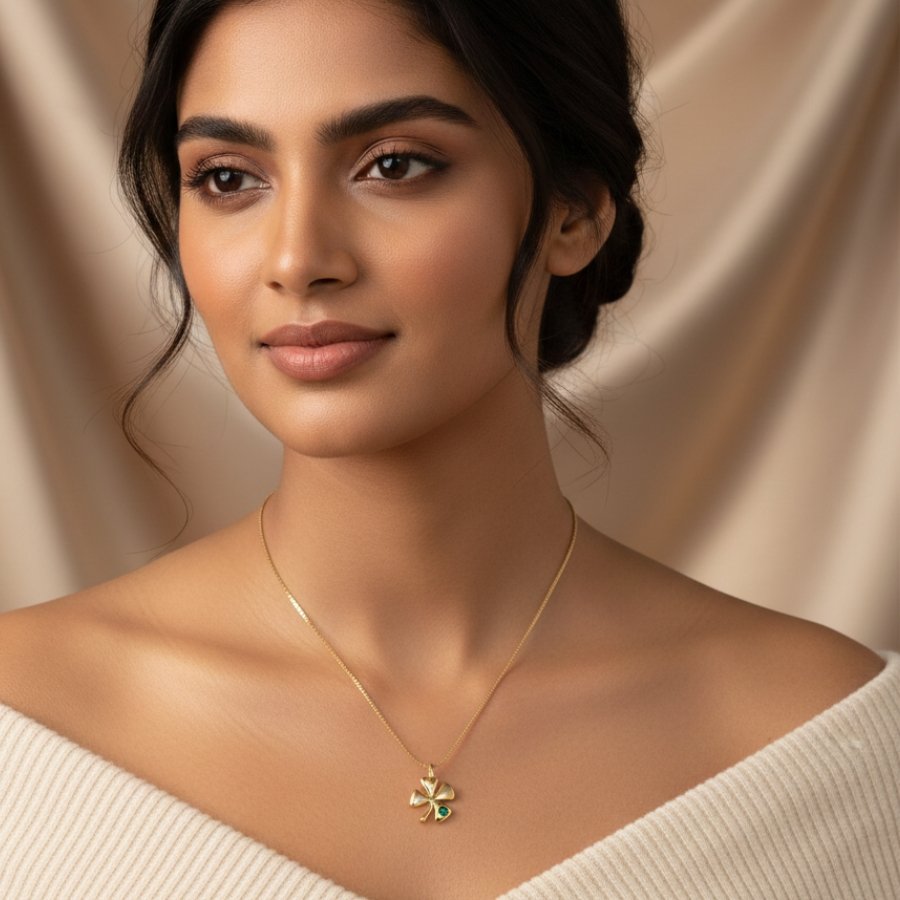 CORRENTE FEMININA TREVO COM UMA PEDRA DE ZIRCÔNIA VERDE