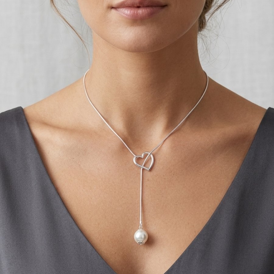 CORRENTE FEMININA DE PRATA RABO DE RATO COM CORAÇÃO E PÉROLA