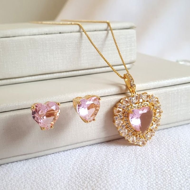 CONJUNTO CORAÇÃO COM ZIRCÔNIAS COLORIDAS