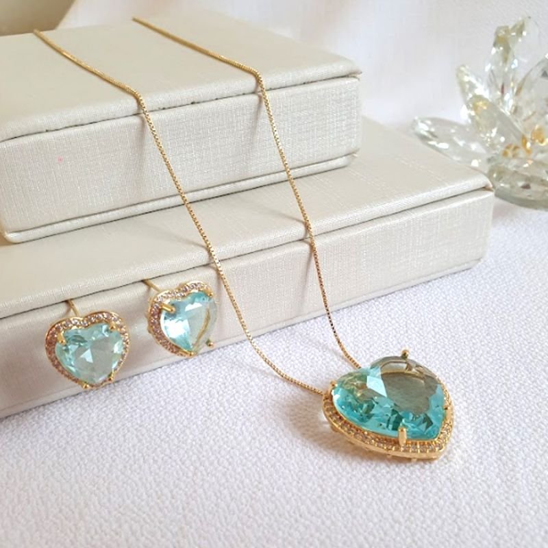 CONJUNTO FEMININO CORAÇÃO COM ZIRCÔNIAS 45CM + 5CM