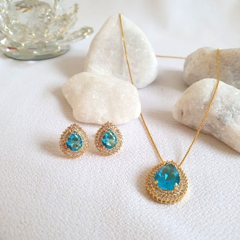 CONJUNTO FEMININO FIO ITALIANO GOTAS COM ZIRCÔNIAS COLORIDAS