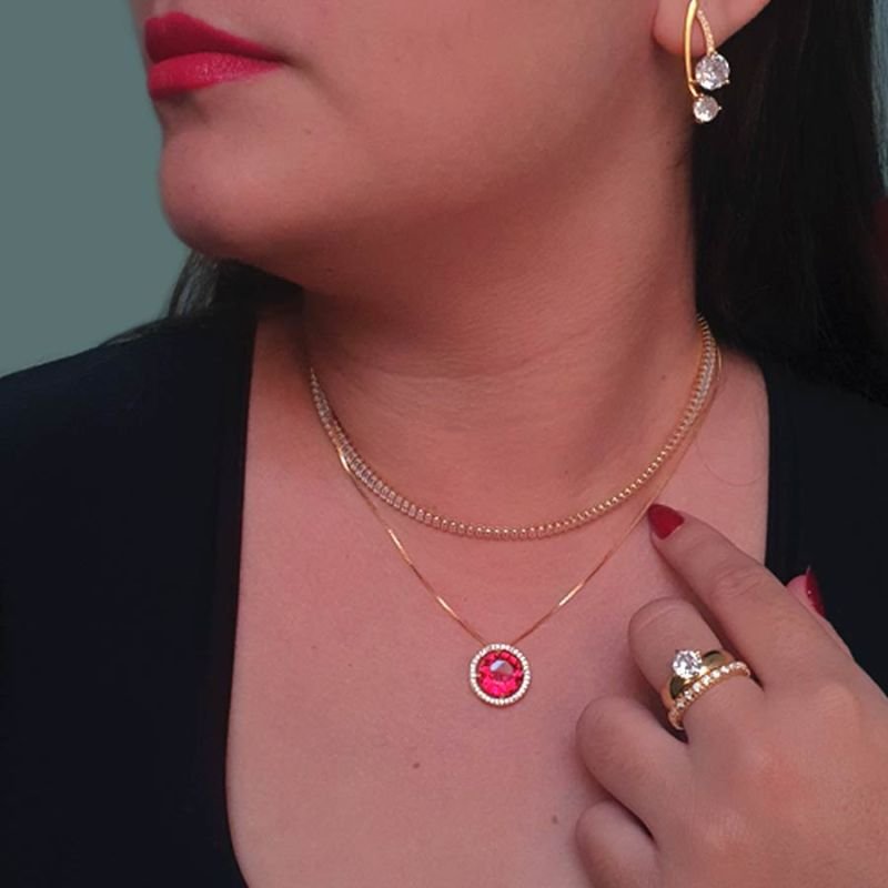 CORRENTE DE PEDRA COLORIDA REDONDA COM ZIRCÔNIA