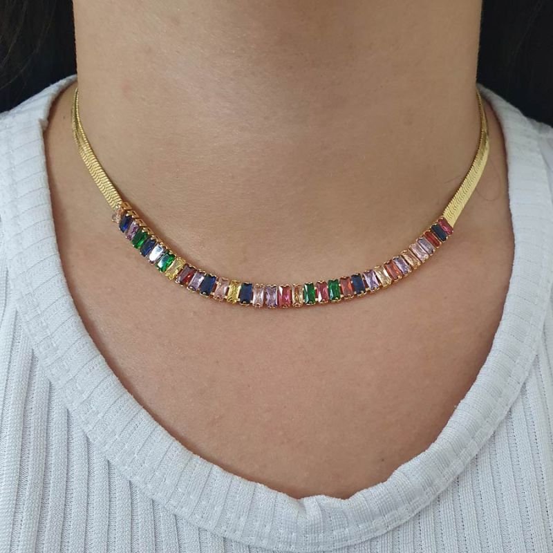 CORRENTE FEMININA CHOKER COM ZIRCÔNIAS COLORIDAS
