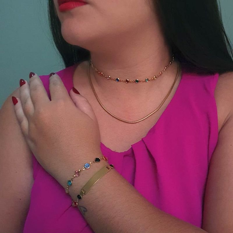 CORRENTE FEMININA CHOKER DE PEDRAS REDONDAS COLORIDAS
