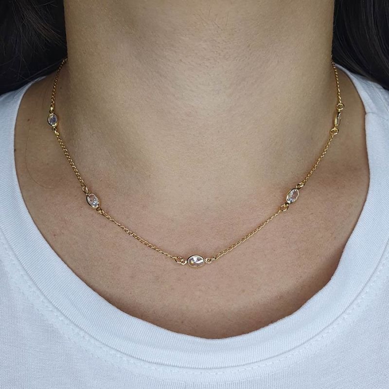 CORRENTE FEMININA COM OITO ZIRCÔNIAS OVAIS 40CM MAIS 5CM