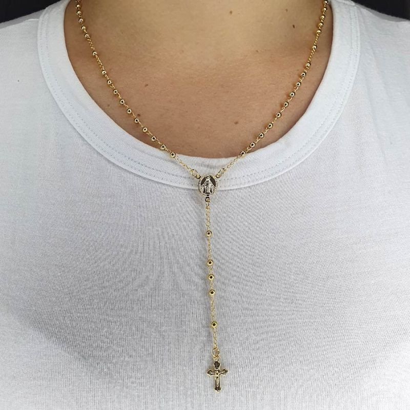 CORRENTE FEMININA DE TERÇO COM BOLINHAS E CRUZ
