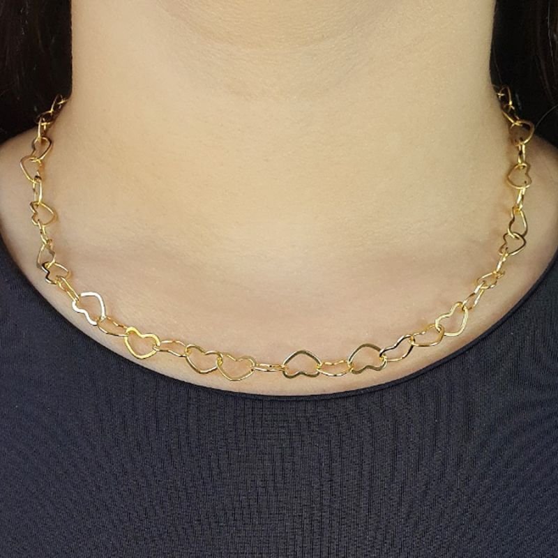 CORRENTE FEMININA MALHA DE CORAÇÃO 7MM 45CM