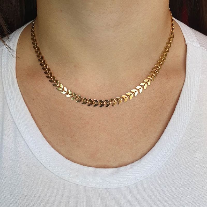 CORRENTE FEMININA MALHA DE FOLHAS LISA 40CM MAIS 5CM