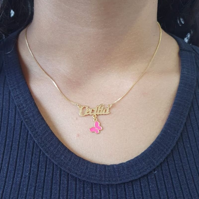 CORRENTE FEMININA PERSONALIZADA COM BORBOLETA DE RESINA