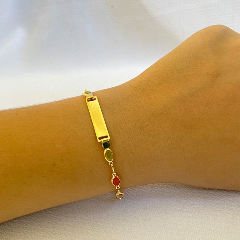 PULSEIRA FEMININA COM CHAPA LISA E PEDRAS COLORIDAS