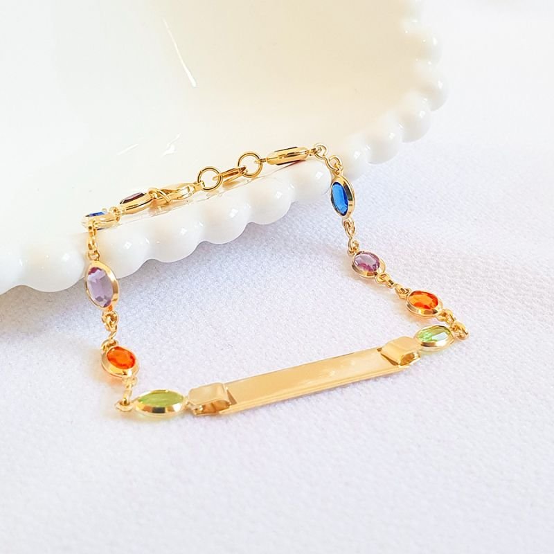 PULSEIRA FEMININA COM CHAPA LISA E PEDRAS COLORIDAS