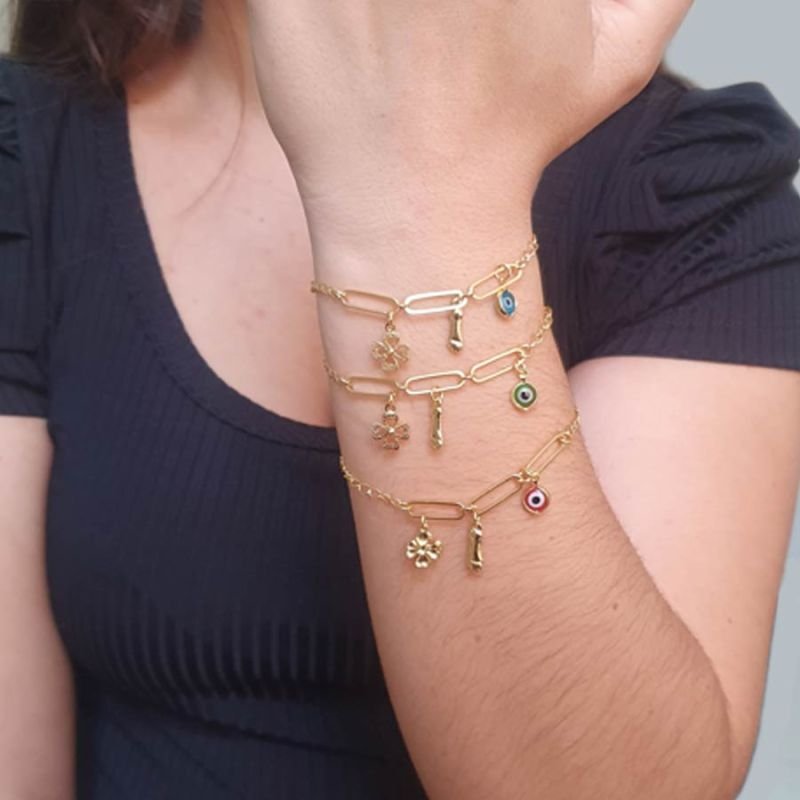 PULSEIRA FEMININA COM OLHO GREGO, FIGA E TREVO