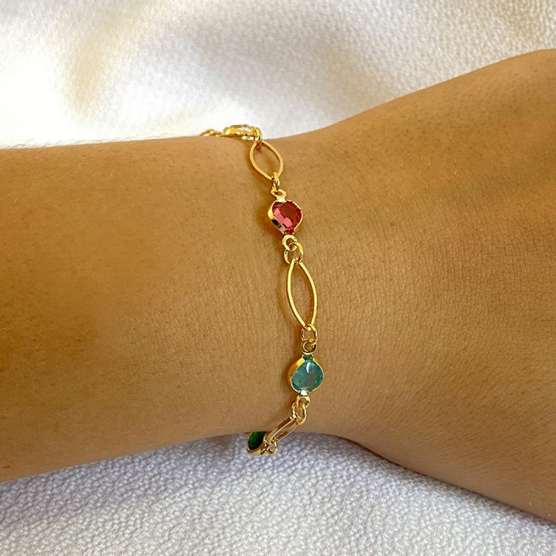 PULSEIRA FEMININA PEDRA COLORIDAS E ELOS DIAMANTADOS