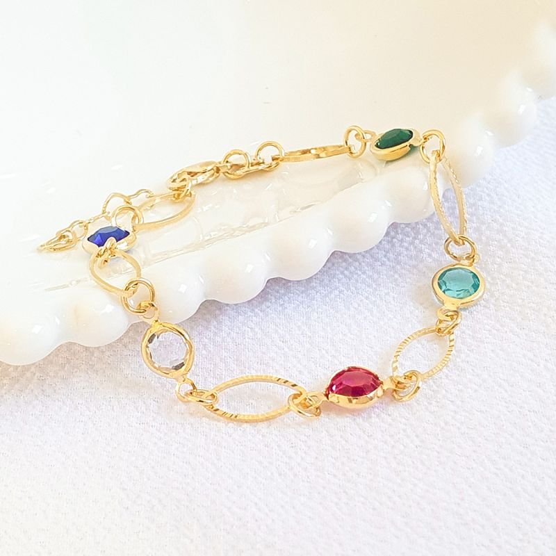 PULSEIRA FEMININA PEDRA COLORIDAS E ELOS DIAMANTADOS